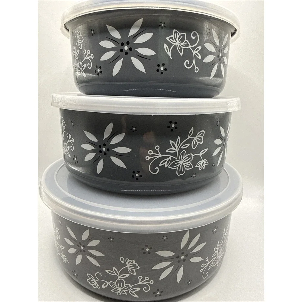 Temptations Stainless Steel Bowls With Lids/ Set of 3 Old World/Floral Lace Gray